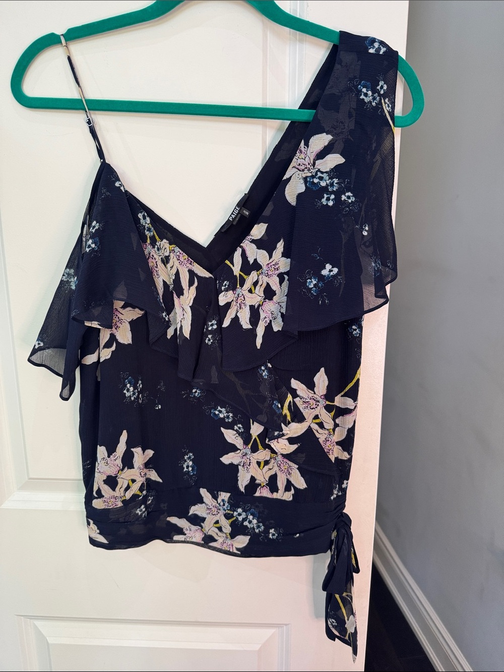 PAIGE Navy Floral One-Shoulder Ruffle Camisole